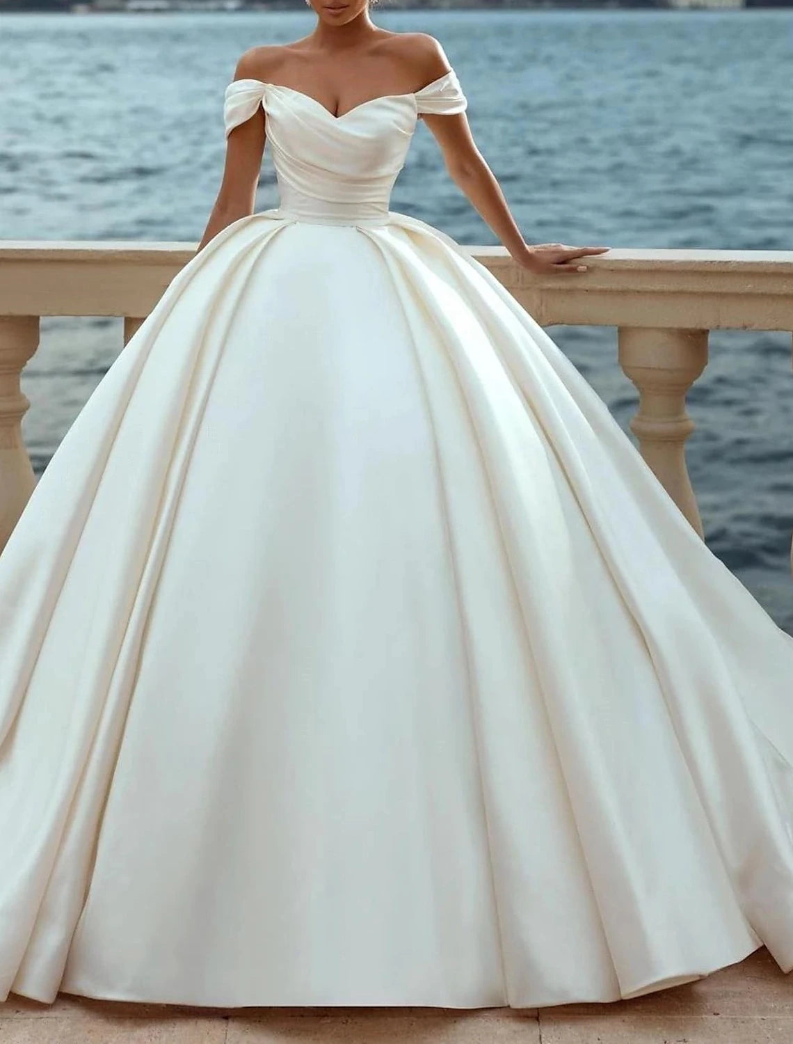 Wholesale Engagement Formal Wedding Dresses Ball Gown Off Shoulder Cap Sleeve Court Train Satin Bridal Gowns With Ruched Solid Color